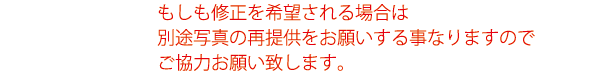 もしも修正を希望される場合は別途写真の再提供をお願いする事なりますので ご協力お願い致します。